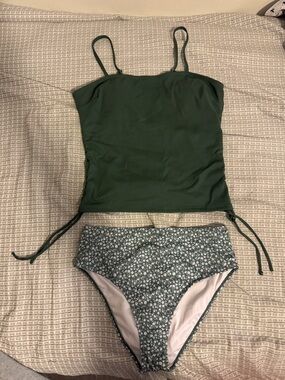 Forest Green Tankini Top with Floral High-Waist Bottoms